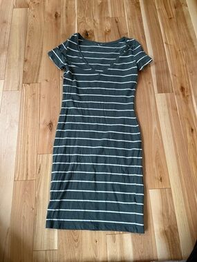 Striped Gray & White V-Neck T-Shirt Dress